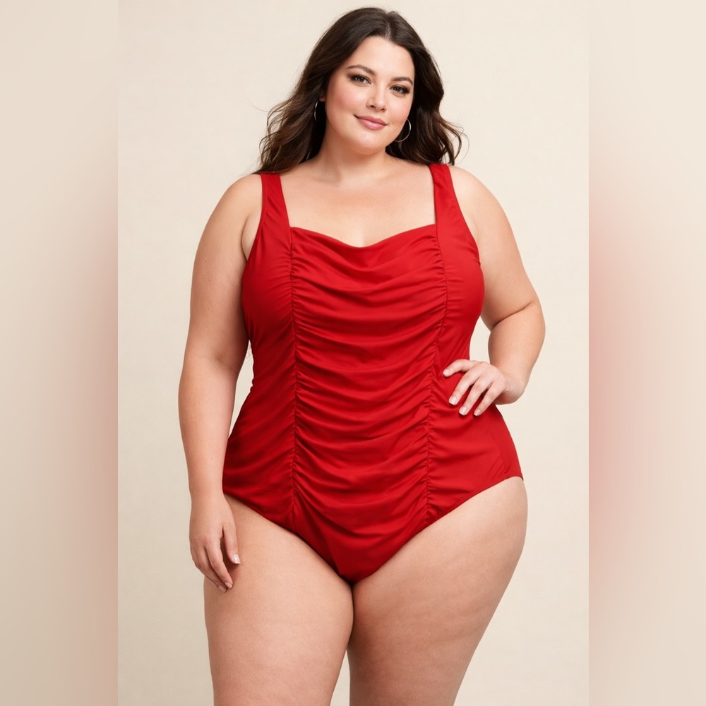 NWT Universal Standard Bold Red One-Piece Ruched  Front Square Neck Swimsuit L